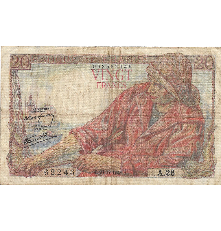 Francia 20 Francos 1942 Pick 100a (NO UNC)